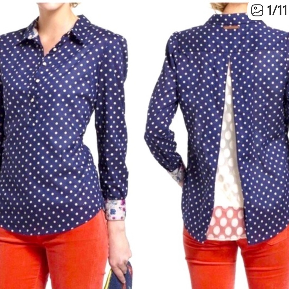 Birds of Paradise Trovata Navy Polka Dot Lace back Blouse Sz S summer boho